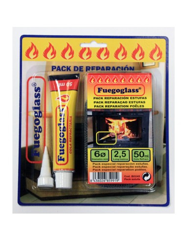 Kit reparacion estufas/chimeneas FUEGOGLASS tubo pegamento + 2.5m cordon   6mm B0245