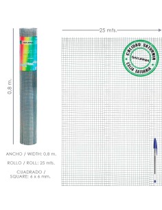 Malla Electrosoldada Galvanizada 6x6 / 80 cm. rollo 25...