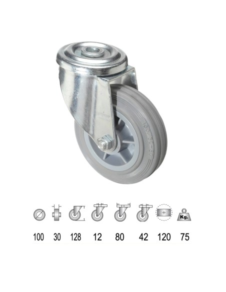 Rueda Industrial Goma Gris Pasante 100 mm.