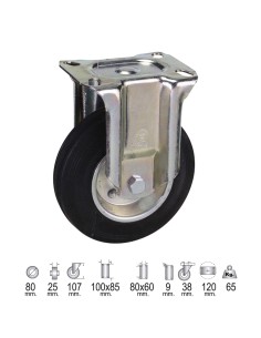Rueda Industrial Goma Negra Fija   80 mm.