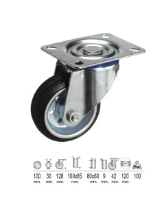 Rueda Industrial Goma Negra Placa  100 mm.