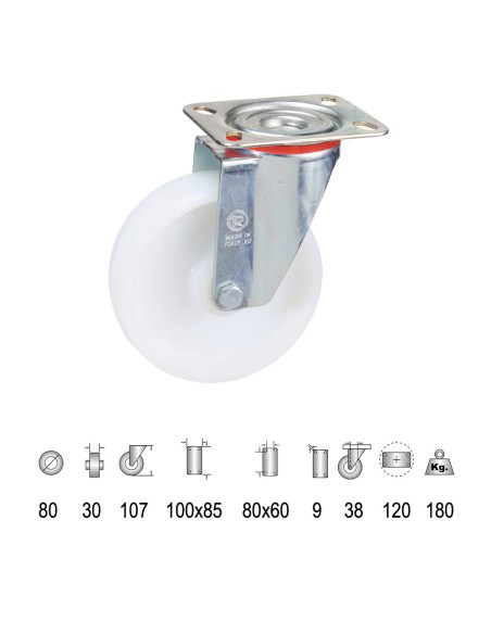 Rueda Industrial Nylon Placa   80 mm.