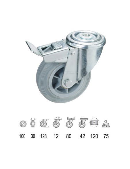 Rueda Industrial Goma Gris Pasante con freno100 mm.