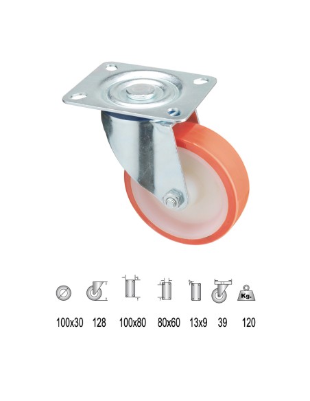 Rueda Industrial Poliuretano Placa 100 mm.