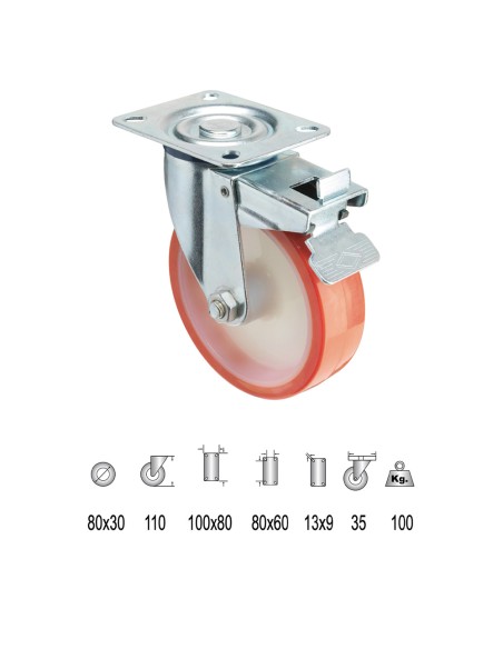 Rueda Industrial Poliuretano Placa con freno   80 mm.