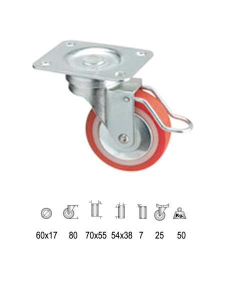 Rueda Poliuretano Placa Con Freno 60 mm.