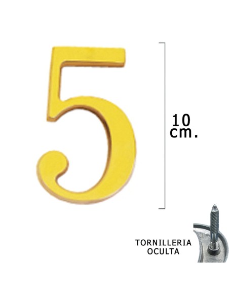 Numero Latón "5" 10 cm. con Tornilleria Oculta (Blister 1 Pieza)