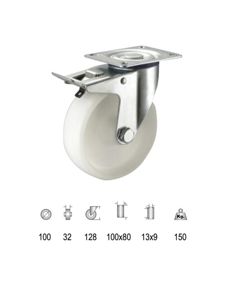 Rueda Industrial Nylon Placa con freno 100mm