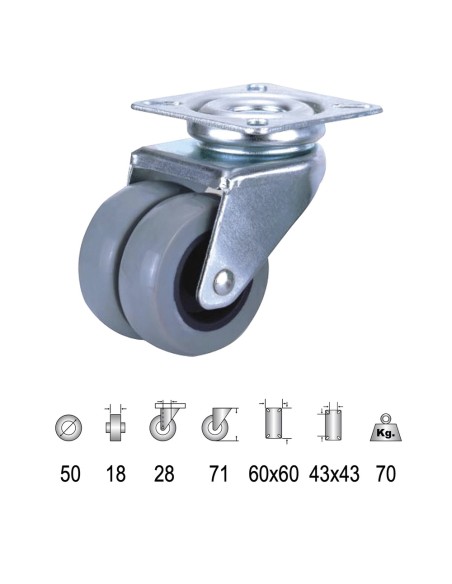 Rueda Doméstica Doble Poliamida Gris Placa   50mm