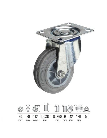 Rueda Industrial Goma Gris Placa  80mm