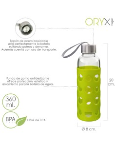 Botella Agua de Cristal, Capacidad De 360 ML. Libre BPA,...