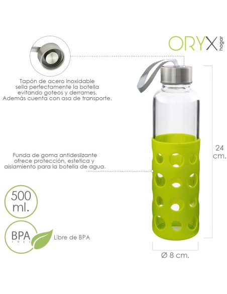 Botella Agua Fabricada En Cristal Con Funda De Goma y Tapon Antigotas, 500ml, Libre de BPA