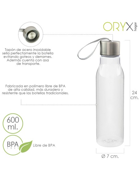 Botella Agua, Capacidad De 600 ML. Plastico Libre BPA, Con Asa, Tapon Acero Inoxidable.