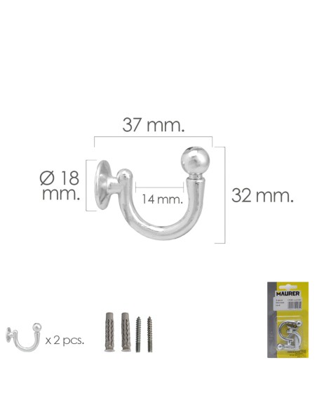 Gancho Cromado Atornillabe 37 mm. Con tacos y tornillos (Blister 2 piezas)