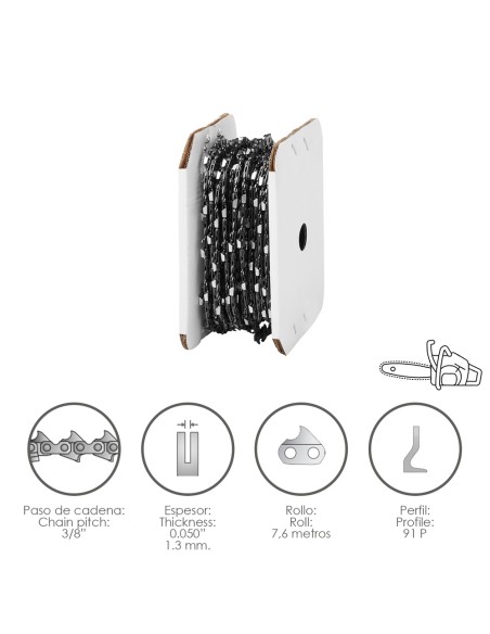 Cadena Motosierra 3/8" / 0.050" 1,3 mm. / 91 P / Rollo 7,6 metros.