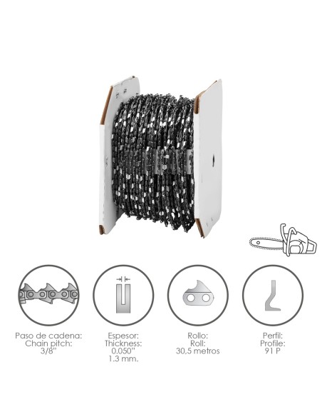 Cadena Motosierra 3/8" / 0.050" 1,3 mm. / 91 P / Rollo 30,5 metros.