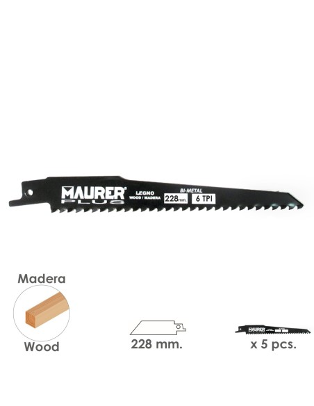 Hoja Para Sierra Sable Madera 228 mm. - 6 TPI Tipo Bosch (5 piezas)