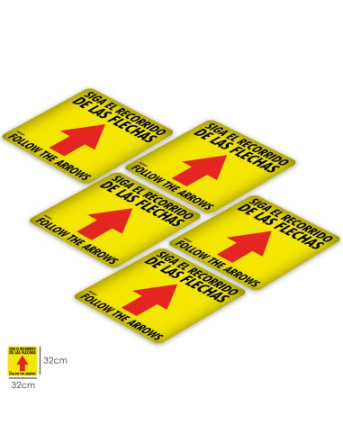 Rotulacion Suelo Siga Las Flechas. Pegatinas Señalizacion. 5 Unidades Cuadradas, 32 x 32 cm.