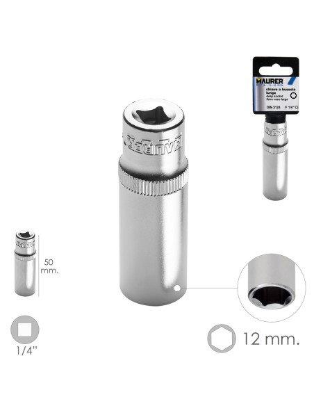 LLave Vaso Larga 1/4" / 12 mm. Hexagonal. / Longitud 50 mm. Realizada en Acero Cromo Vanadio