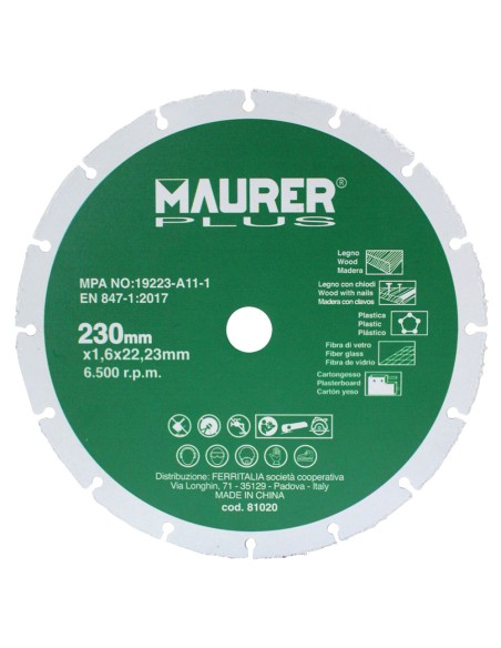 Disco De Corte Para Madera y Plasticos Ø 230 x 1,6 mm.