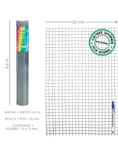 Malla Electrosoldada Galvanizada 13x13 / Altura 60 cm. Rollo 25 Metros. Uso Domestico