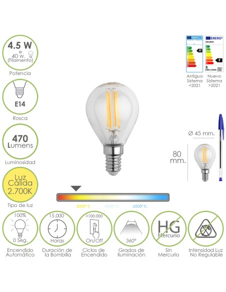 Bombilla Led Filamento Esfera Rosca E14. 4,5 Watt. Equivale A 40 Watt. 470 Lumenes. Luz Cálida (2700º K.)
