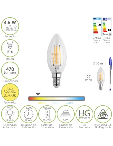 Bombilla Led Filamento Vela Rosca E14. 4,5 Watt. Equivale A 40 Watt. 470 Lumenes. Luz Cálida (2700º K.)