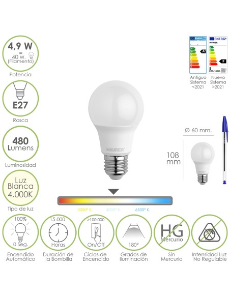 Bombilla Led Estandar Rosca E27. 4.9 Watt. Equivale A 40 Watt. 480 Lumenes. Luz Blanca (4000º K.)