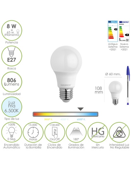 Bombilla Led Estandar Rosca E27. 8 Watt. Equivale A 65 Watt. 806 Lumenes. Luz Fría (6500º K.)