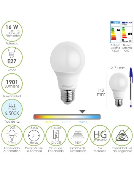 Bombilla Led Estandar Rosca E27. 16 Watt. Equivale A 130 Watt. 1901 Lumenes. Luz Fría 6500º K.)