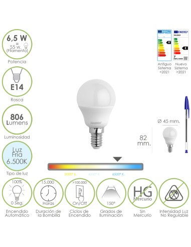 Bombilla Led Esfera Rosca E14. 6.5 Watt. Equivale A 55 Watt. 806 Lumenes. Luz Fría 6500º K.