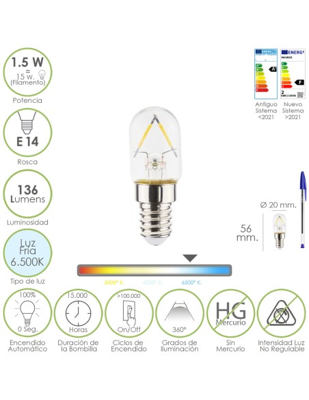 Bombilla Led Frigorifico Rosca E14. 1.5 Watt. Equivale A 15 Watt. 136 Lumenes. Luz Fria (6500º K.)