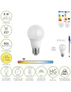 Bombilla Led Estandar Rosca E27. 8 Watt. Equivale A 65...