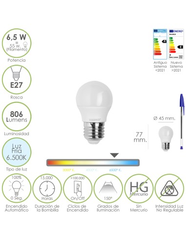 Bombilla Led Esfera Rosca E27. 6.5 Watt. Equivale A 55 Watt. 806 Lumenes. Luz Fría 6500º K.