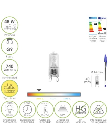 Bombilla Halogena G-9. 48 W. 460 lumenes. Luz cálida (3.000º K)