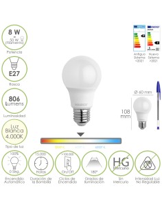 Bombilla Led Estandar Rosca E27. 8 Watt. Equivale A 65...