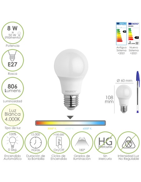 Bombilla Led Estandar Rosca E27. 8 Watt. Equivale A 65 Watt. 806 Lumenes. Luz Neutra (4000º K.)