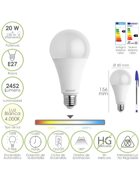 Bombilla Led Estandar Rosca E27. 20  Watt. Equivale A 150 Watt. 2452 Lumenes. Luz Neutra (4000º K.)