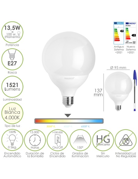 Bombilla Led Esfera Globo E27. 13,5 Watt. Equivale A 100 Watt. 1521 Lumenes. Luz Neutra 4000º K.