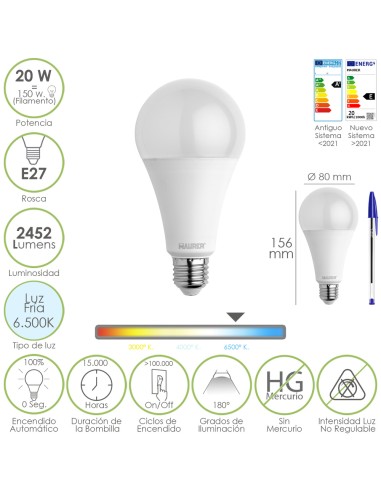 Bombilla Led Estandar Rosca E27. 20  Watt. Equivale A 150 Watt. 2452 Lumenes. Luz Fria (6500º K.)