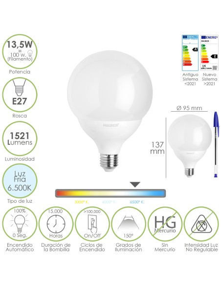 Bombilla Led Esfera Globo E27. 13,5 Watt. Equivale A 100 Watt. 1521 Lumenes. Luz Fria 6500º K.