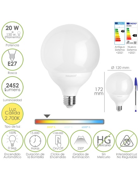 Bombilla Led Globo E27. 20 Watt. Equivale A 150 Watt. 2452 Lumenes. Luz Calida 2700º K.