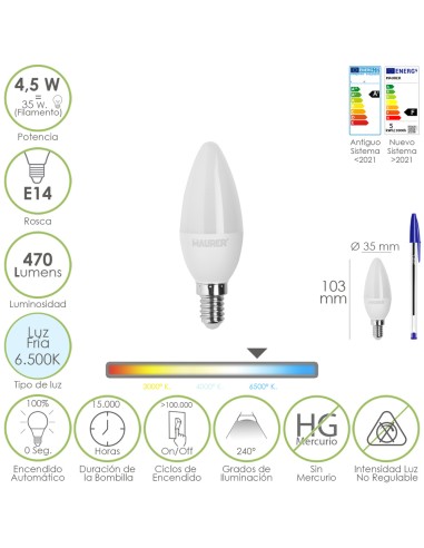 Bombilla Led Vela Rosca E14. 4,5 Watt. Equivale A 35 Watt. 470 Lumenes. Luz Fira (6500º K.)