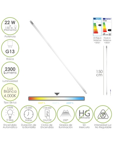 Tubo Led T8 150 cm. 22 Watt. Equivale A 150 Watt. 2300 Lumenes. Luz Neutra 4000º K.