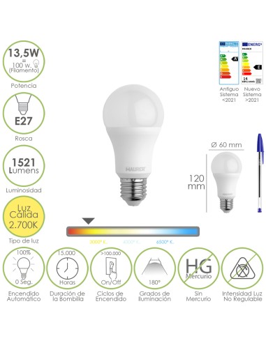 Bombilla Led Estandar Rosca E27. 13,5 Watt. Equivale A 100 Watt. 1521 Lumenes. Luz Calida (3000º K.)