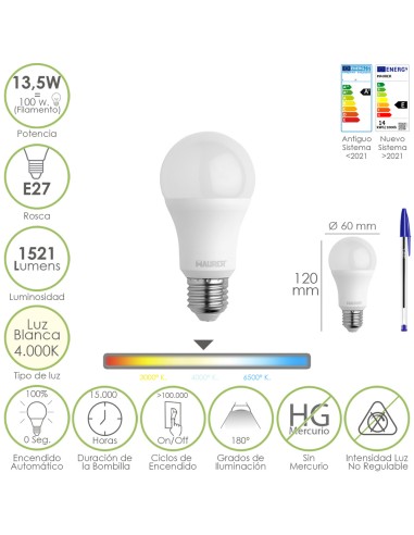 Bombilla Led Estandar Rosca E27. 13,5 Watt. Equivale A 100 Watt. 1521 Lumenes. Luz Neutra (4000º K.)