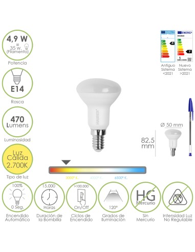 Bombilla Led Reflectante Rosca E14. 4,9 Watt. Equivale A 35 Watt. 470 Lumenes. Luz Cálida (3000º K.)