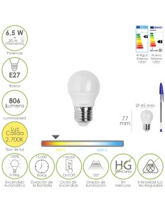 Bombilla Led Esfera Rosca E27. 6.5 Watt. Equivale A 50...