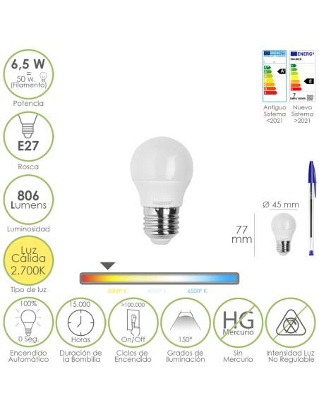 Bombilla Led Esfera Rosca E27. 6.5 Watt. Equivale A 50 Watt. 806 Lumenes. Luz Calida 3000º K.