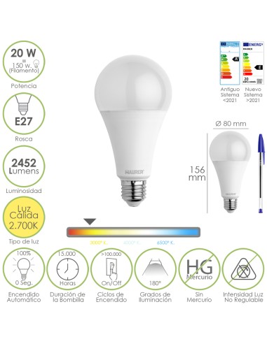 Bombilla Led Estandar Rosca E27. 20  Watt. Equivale A 150 Watt. 2452 Lumenes. Luz Calida (3000º K.)